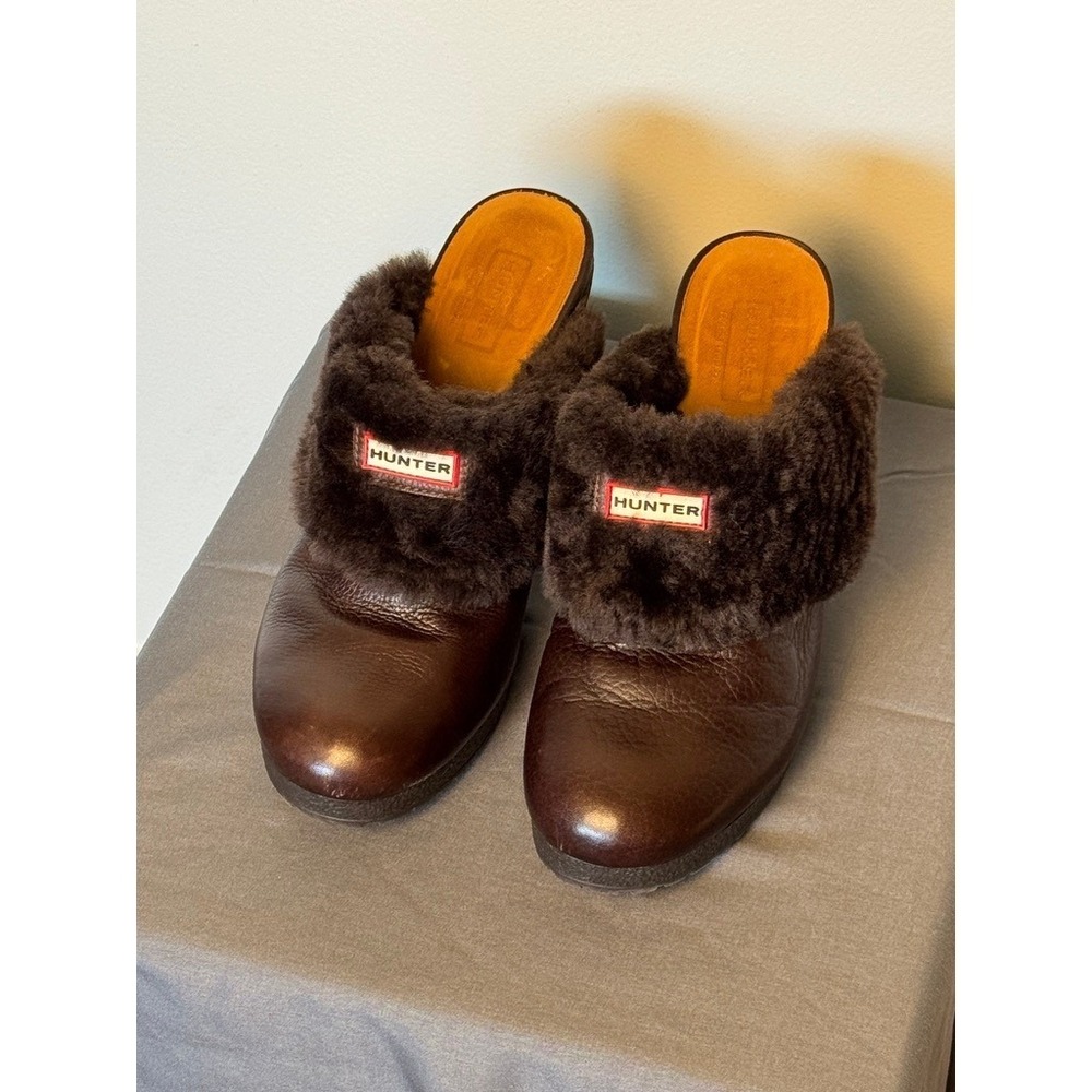 Hunter Brown Leather Faux Fur Trim Platform Mules Block Heel Clogs Size 8
